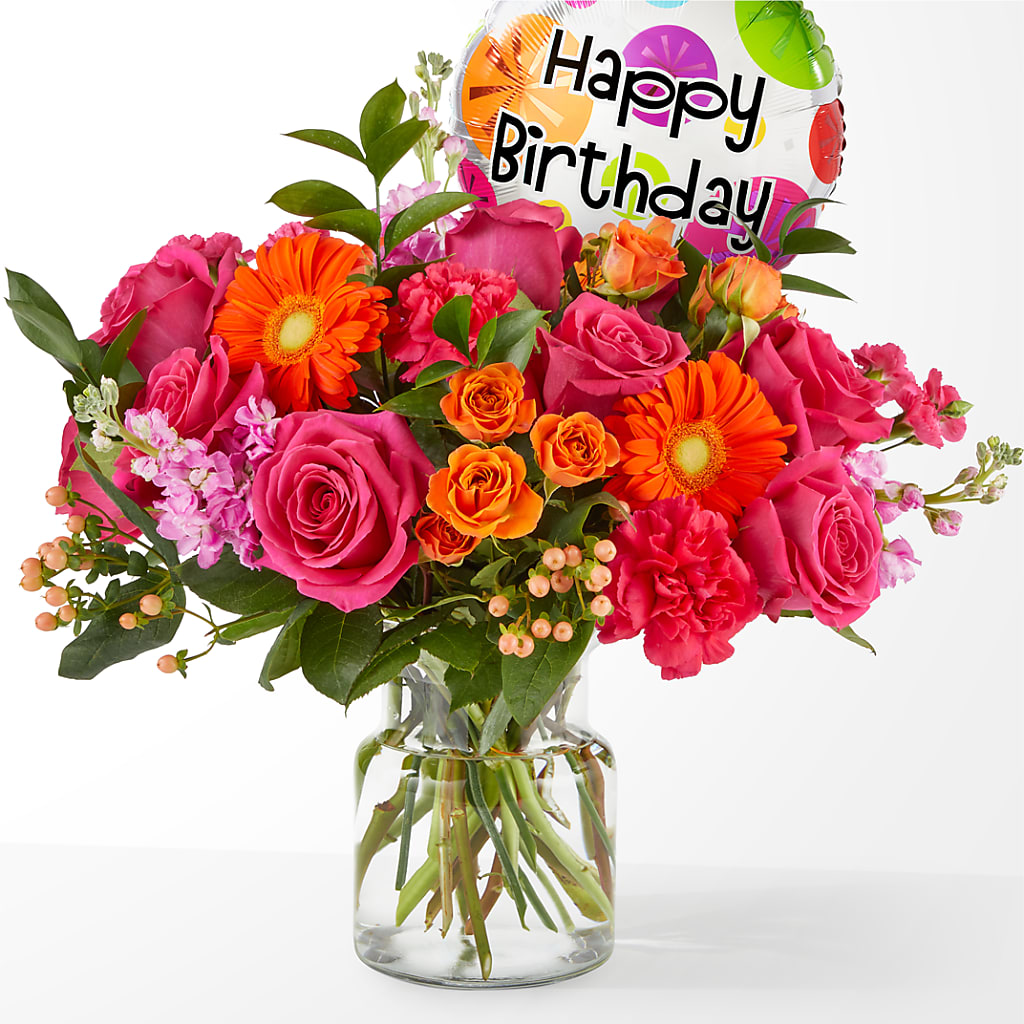 Fiesta Bouquet with Birthday Balloon – C & D FLORAL LTD, Pincher Creek AB
