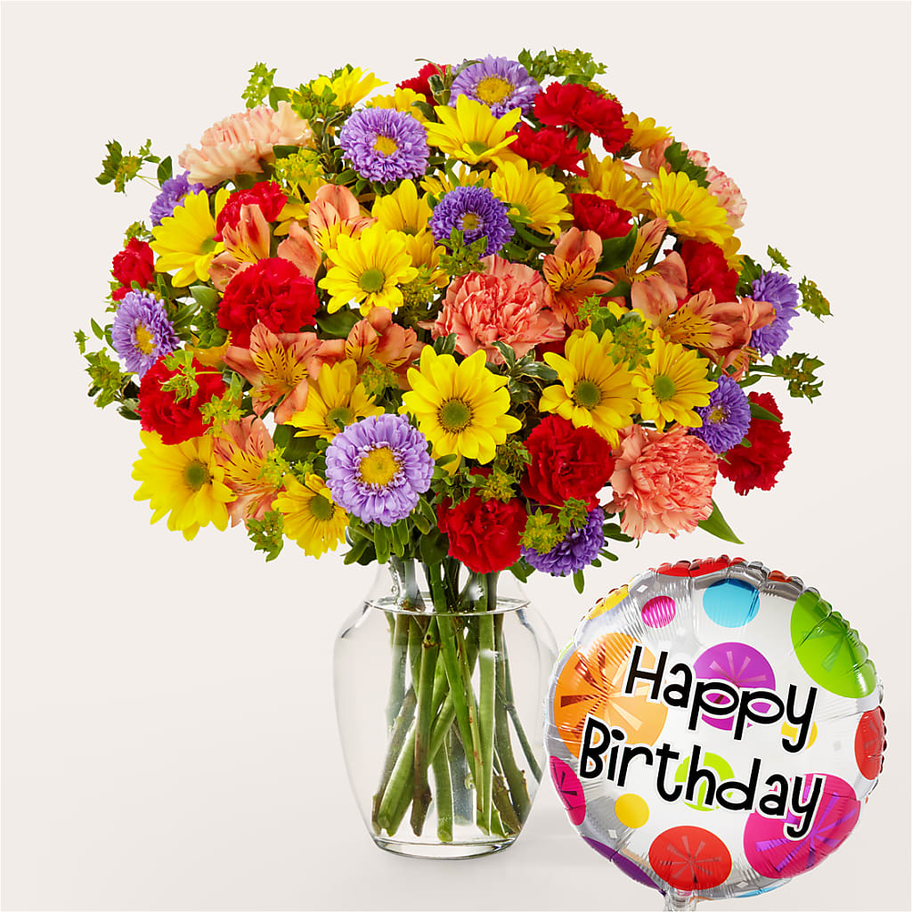 Kaleidoscope Bouquet with Birthday Balloon – C & D FLORAL LTD, Pincher Creek AB