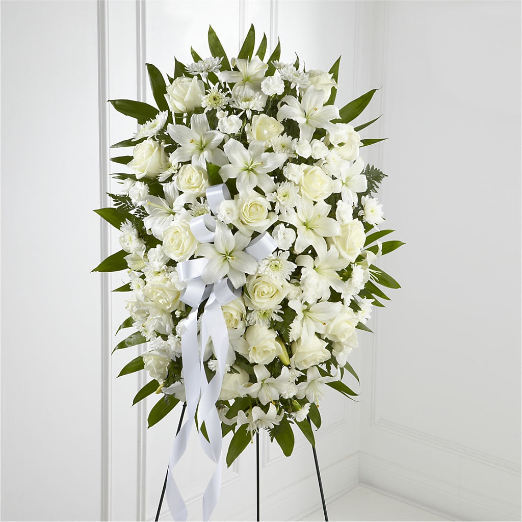 Exquisite Tribute Standing Spray-White Ribbon – C & D FLORAL LTD, Pincher Creek AB