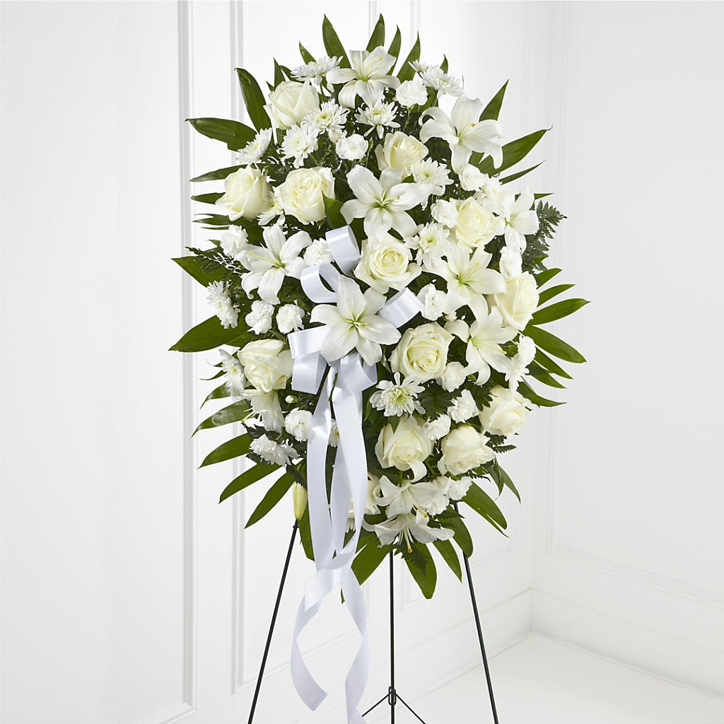 Exquisite Tribute Standing Spray-White Ribbon – C & D FLORAL LTD, Pincher Creek AB